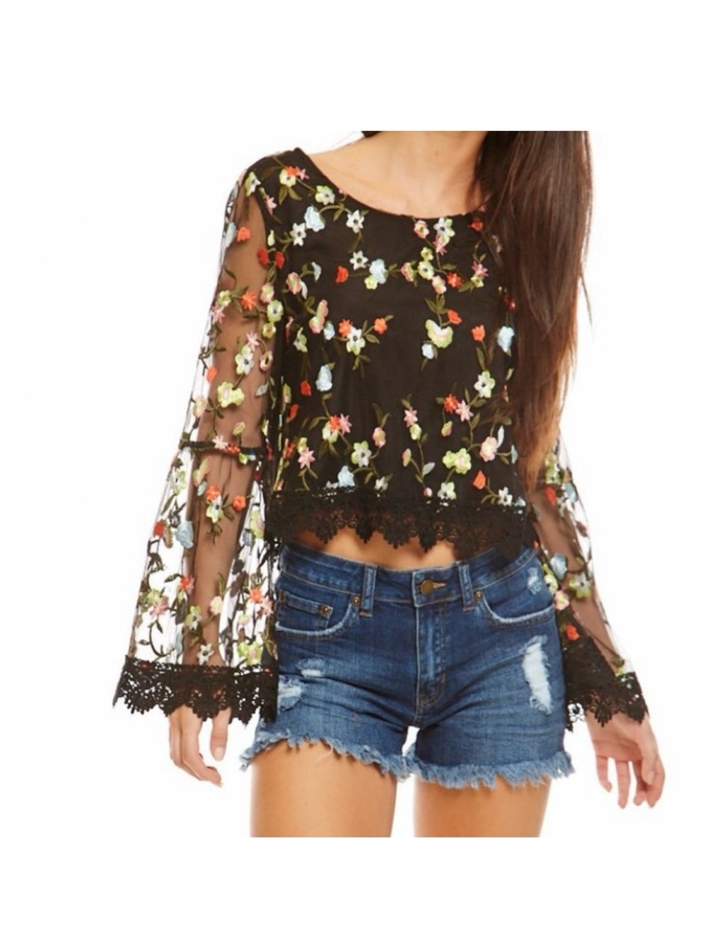 Jack by BB Dakota Black Sheer Floral Embroidered Crop Top